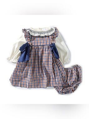 NWT Edgehill Collection Baby Girls Long Sleeve Plaid Side-Bow Dress Sz 3M